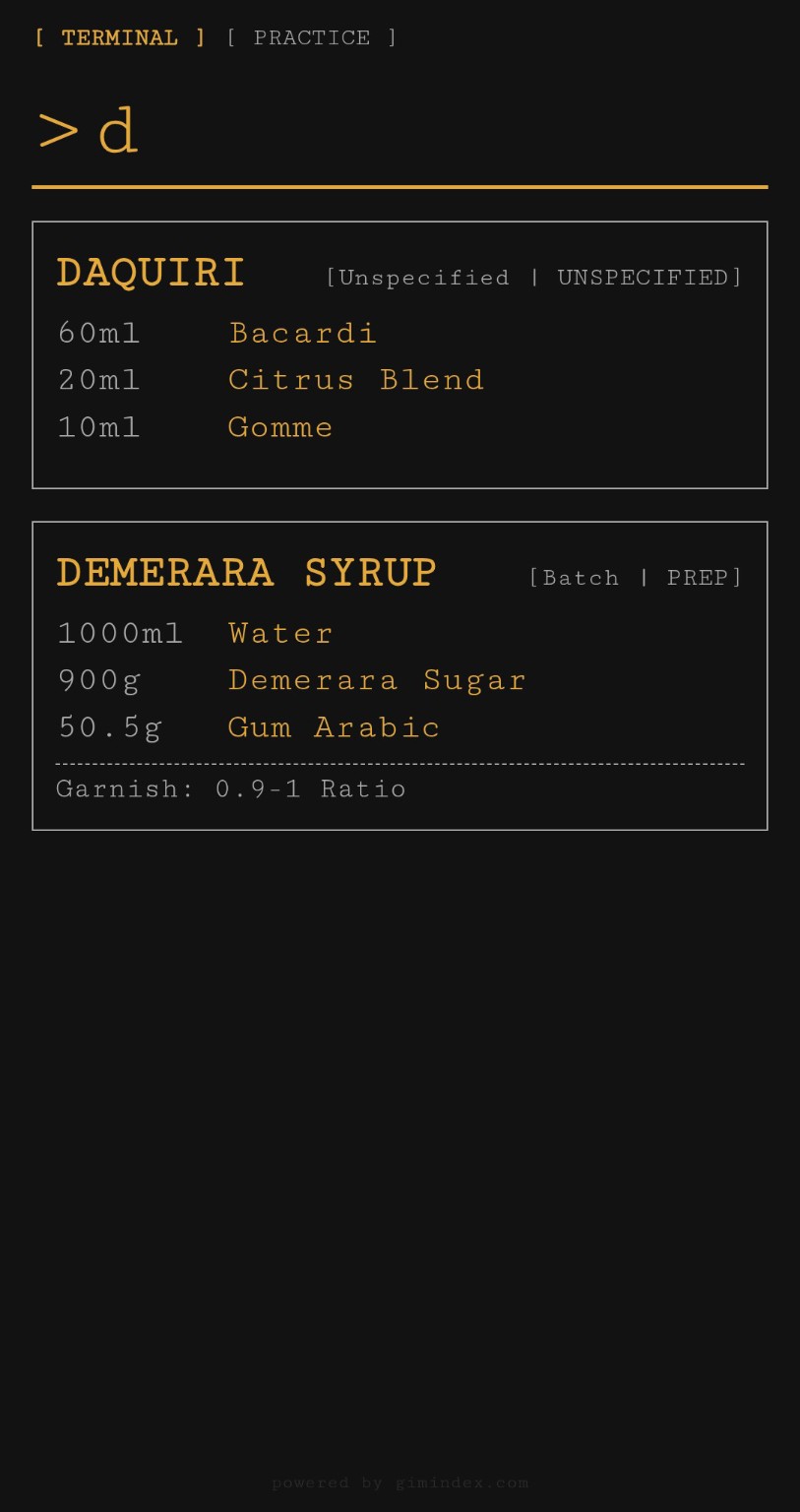 Official MiX terminal screenshot showing cocktail specs